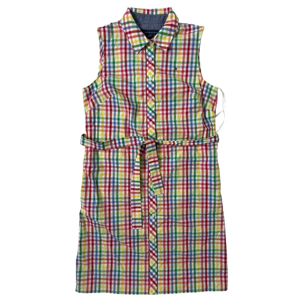 Tommy Hilfiger Rainbow Plaid Sleeveless Shirt Dress Sz 4 Belted Button Front